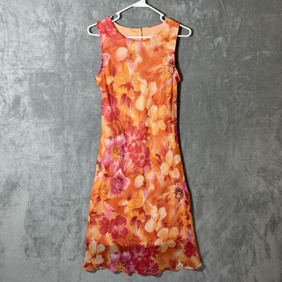 VTG California Concepts Midi Dress Fairy 9 Orange Pink Floral Chiffon Y2K - Picture 1 of 7